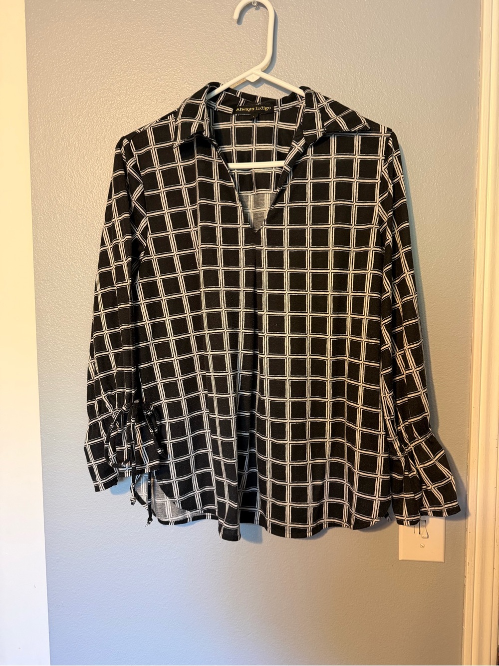 Always Indigo Black and White Windowpane Button-Front Blouse